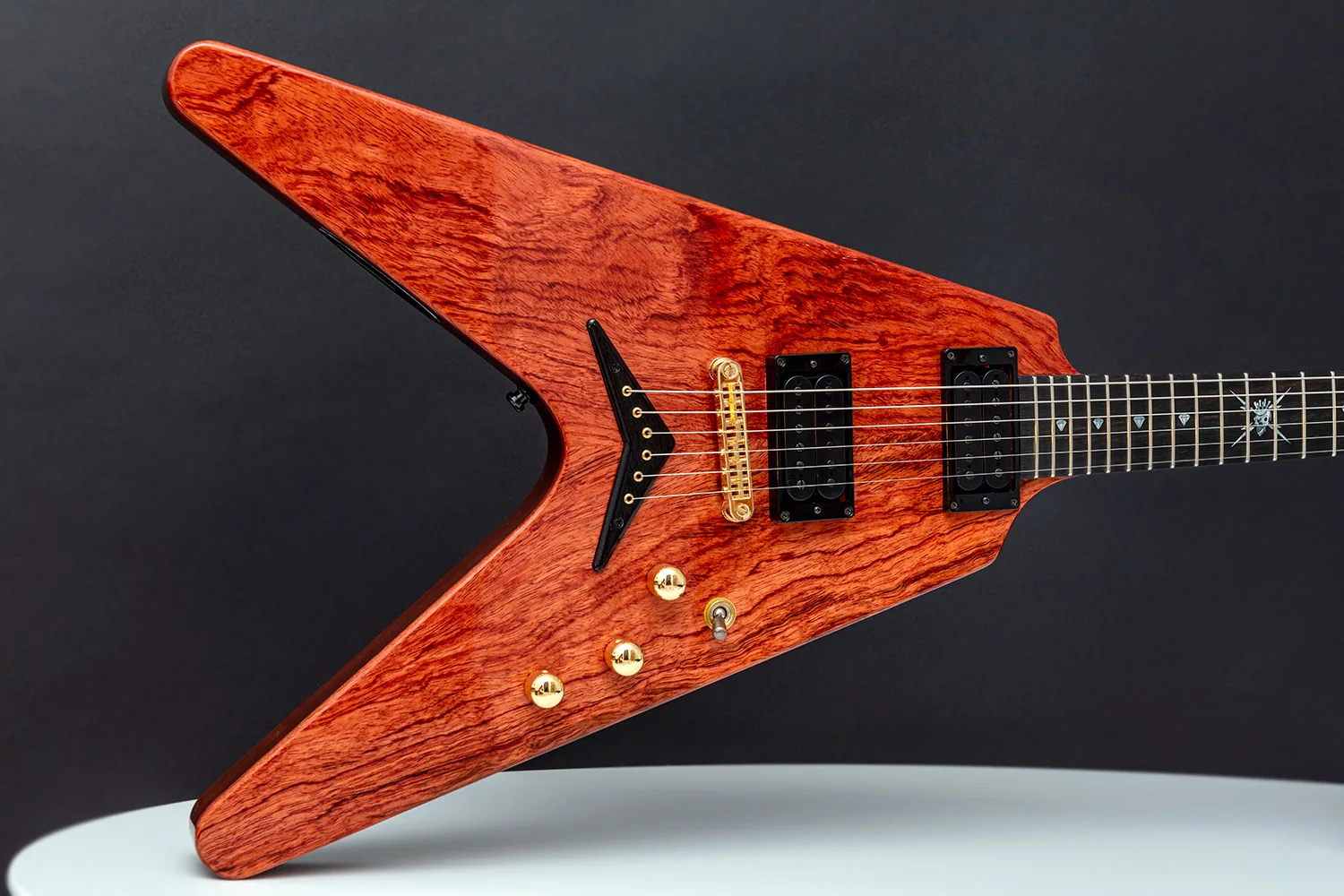 This is a custom guitar, built by a well-known luthier, Augustin Cristian Apostol (@ Avatar2100) for Kai Hansen.  Her name is Yggdrasil